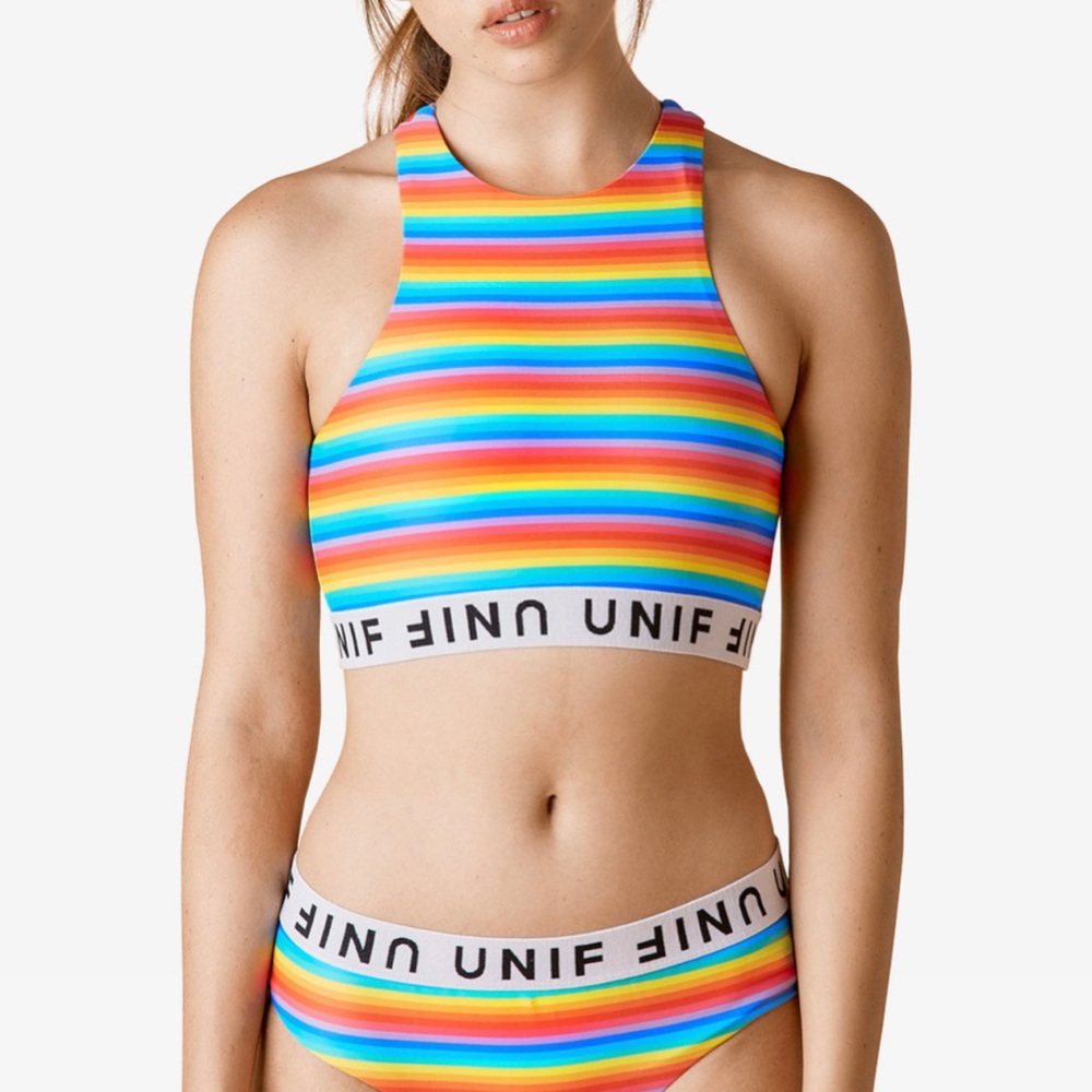 UNIF rainbow striped high neck bikini top